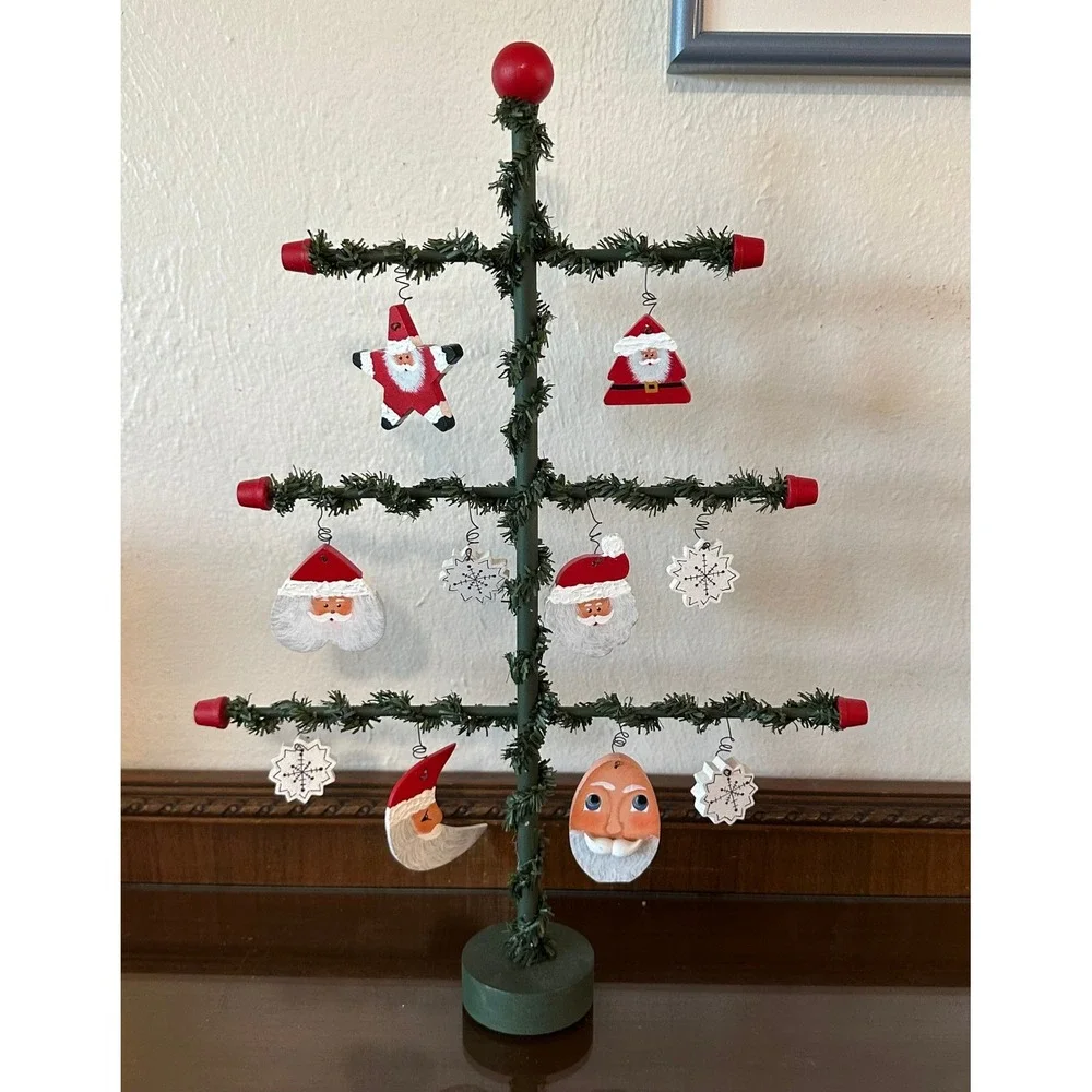 Vintage Wooden Christmas Feather Tree Tabletop Display with Santa Ornaments 17''